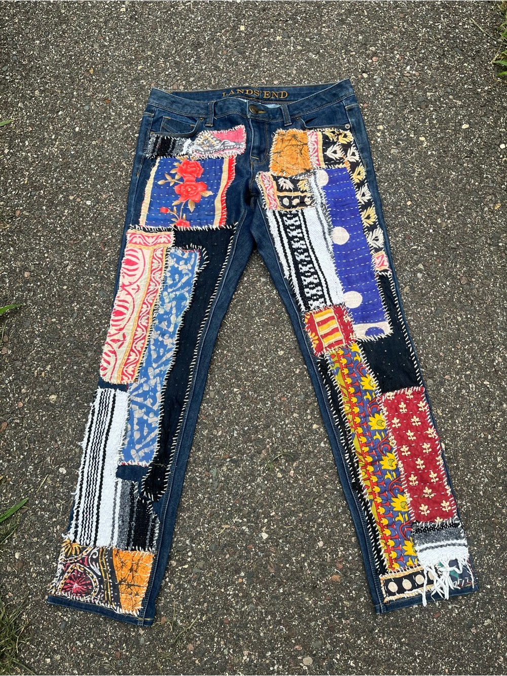 OOAK Reworked Lands' End Women's Blue Denim Jeans with Multicolor Patchwork